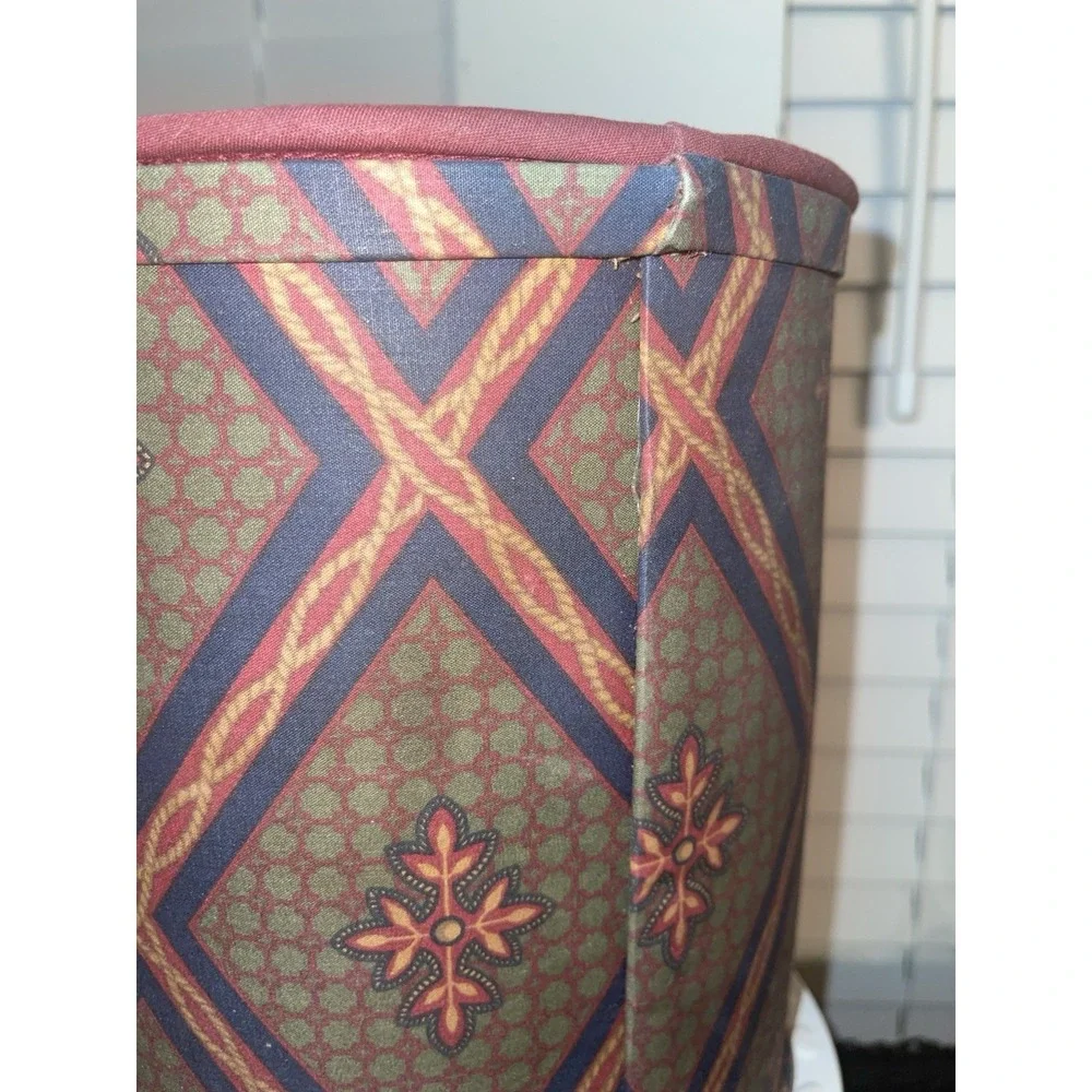 Vintage Burgundy Navy Green Pattern Material Waste Basket Trash Can Vineyard Inc